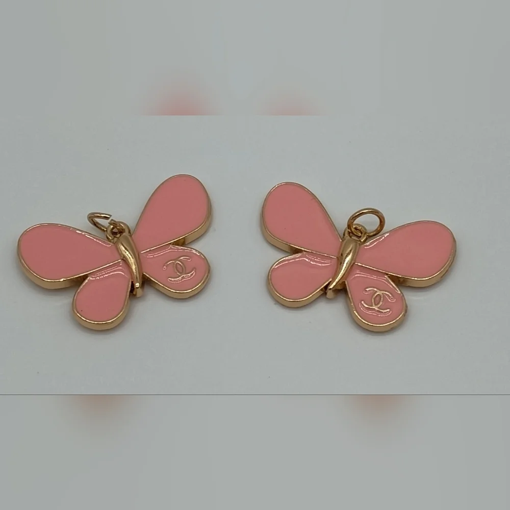 CHANEL Pink Enamel Butterfly Charms Set of 2 Karl Lagerfeld Era Signed Gold Tone